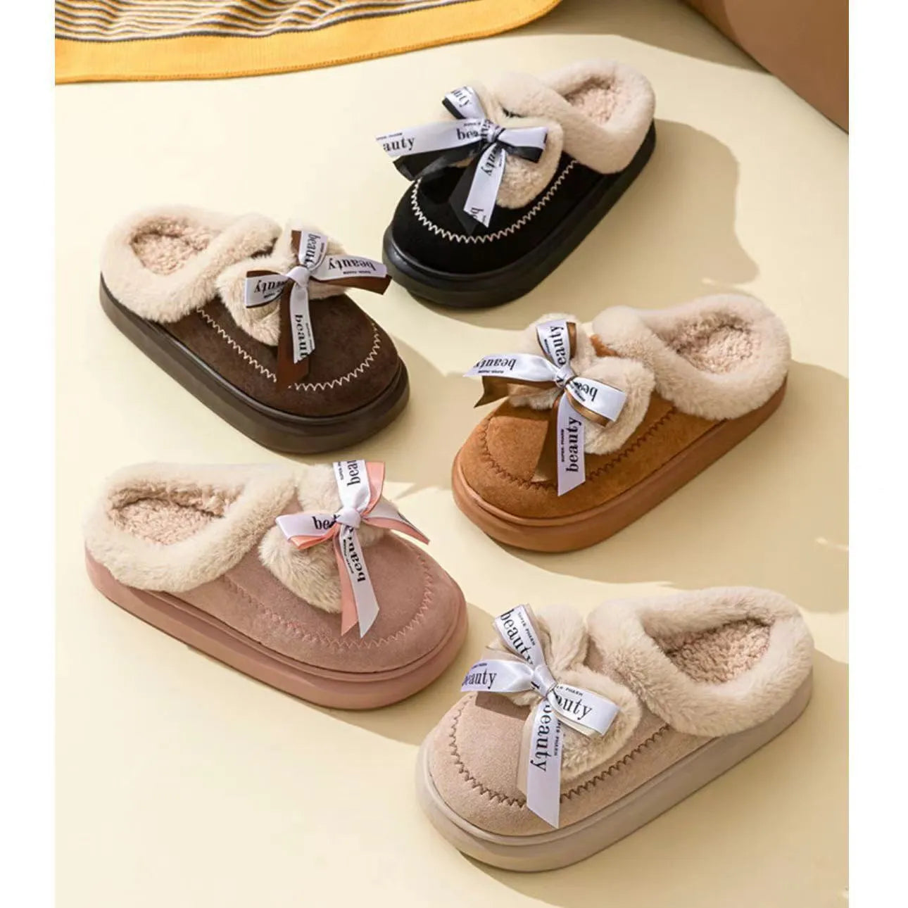 Women's beige suede half slippers with a ribbon bow and thick light-coloured sole