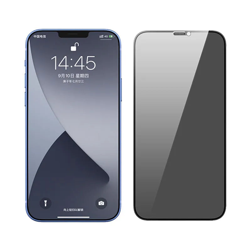Tempered glass privacy screen protector with dustproof net for iPhone on a phone screen.