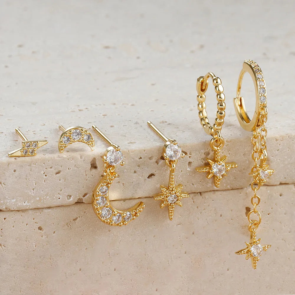 XINGX six gold chain tassel earrings with zircon studs on copper with electroplated finish