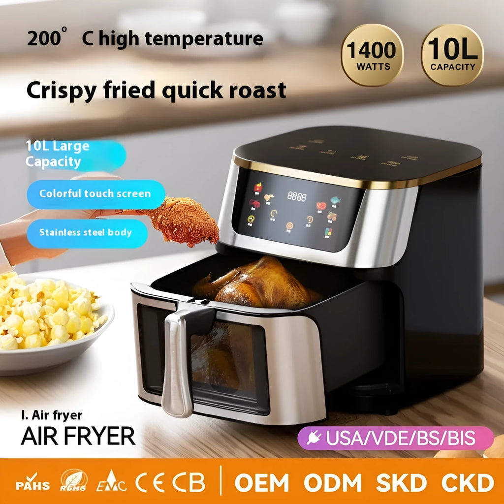 10L visual air frying oven with colour screen black and gold finish