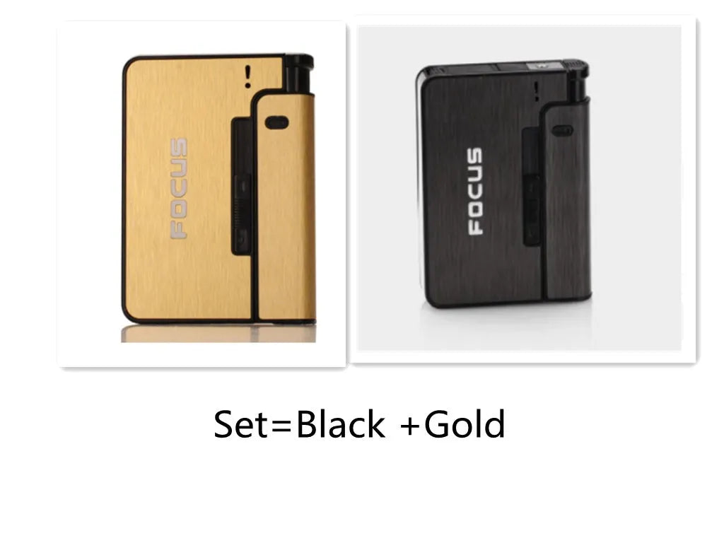 Two aluminium alloy automatic cigarette cases with brushed metal finish, one-button discharge, and removable lighter core on a dark background