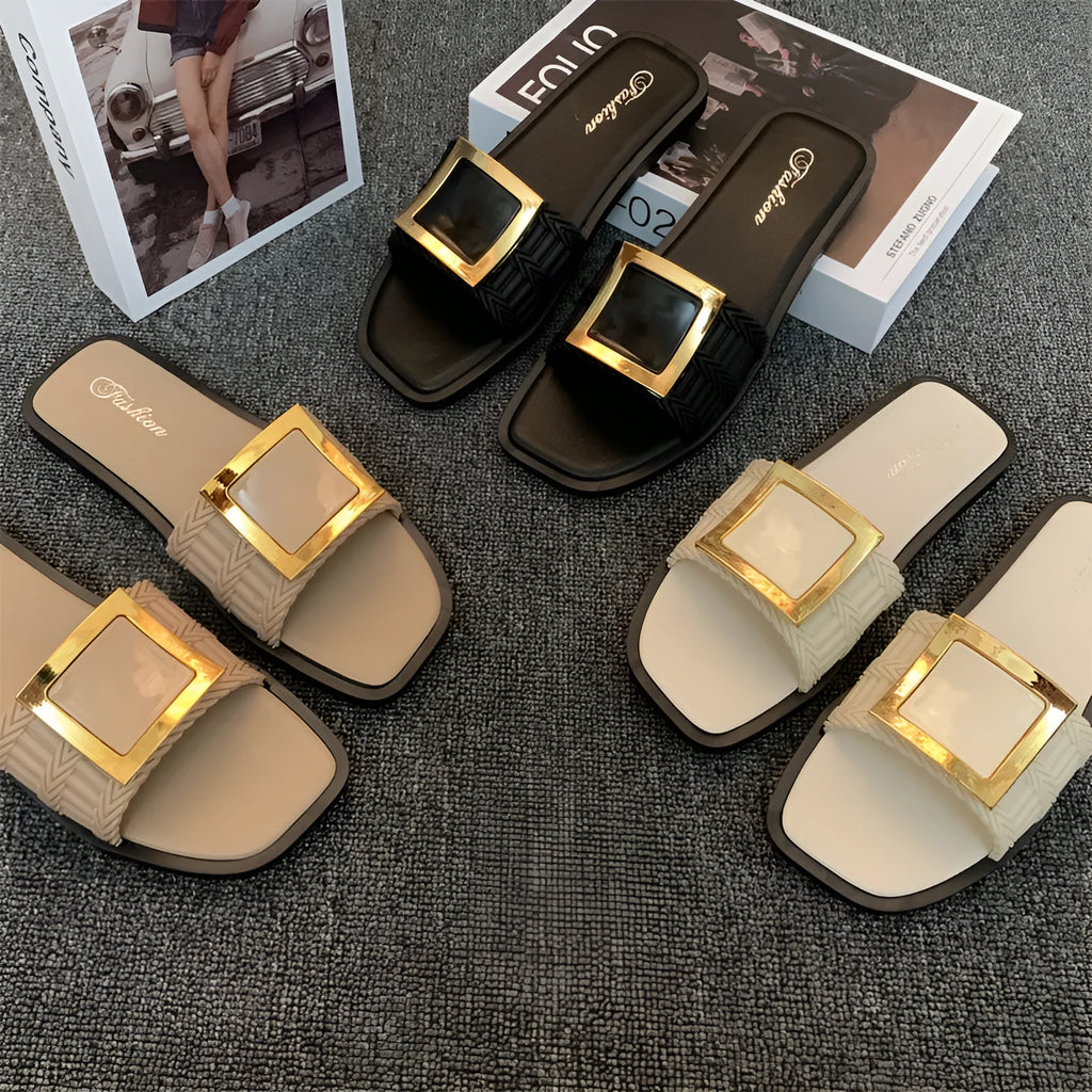Women's flat casual slippers in apricot colour with a textured non-slip PVC sole.