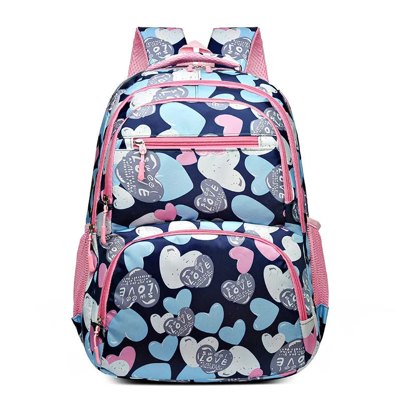 Blue children's school backpack with air pillow belt system for burden alleviation