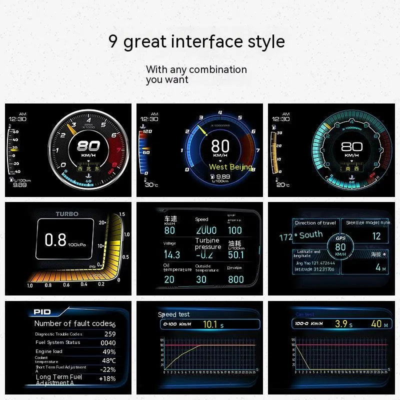 A600 vehicle monitor with 2.4-inch display showing GPS speed, fuel consumption and turbo boost readings