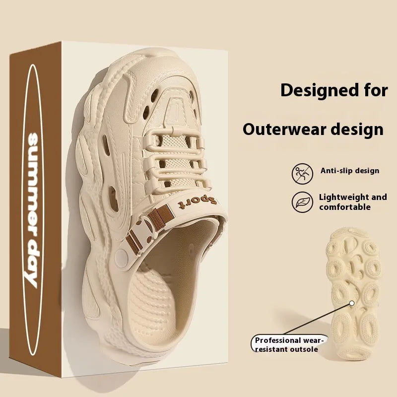 Men's khaki outdoor slippers with hollow out design and textured EVA sole, shown from a side angle.