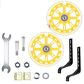Set of children's bicycle training wheels with vertical brackets, available in multiple colours.