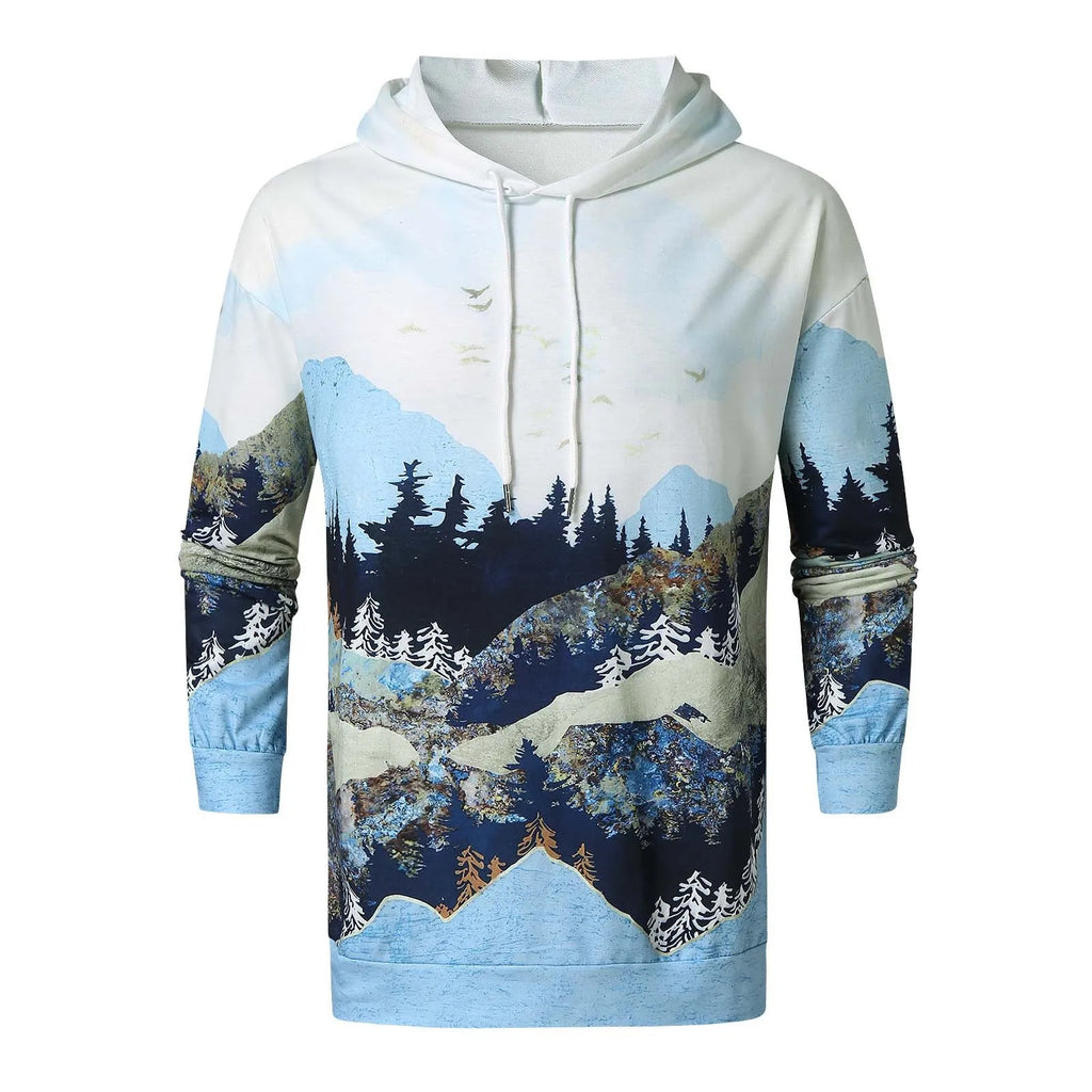 Men's printed polyester fleece hoodie in grey or light blue, Asian sizes S-XXL, casual leisure wear