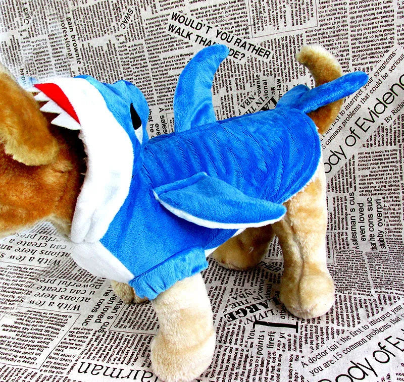 3D shark suit cosplay costume in blue or grey shearing fabric with embroidered eyes and zigzag-cut mouth
