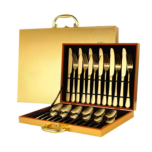 24 piece stainless steel tableware set showing knives, forks, and spoons in multiple colour finishes