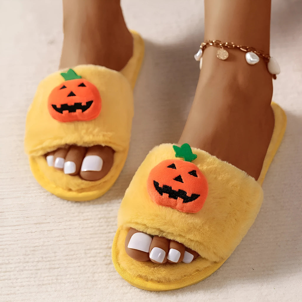 White and yellow pumpkin cartoon plush open toe slippers with synthetic fur upper and PVC sole