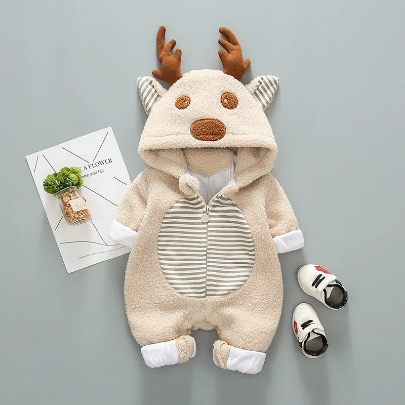 Long-sleeved baby romper in khaki colour with lace-up strap closure