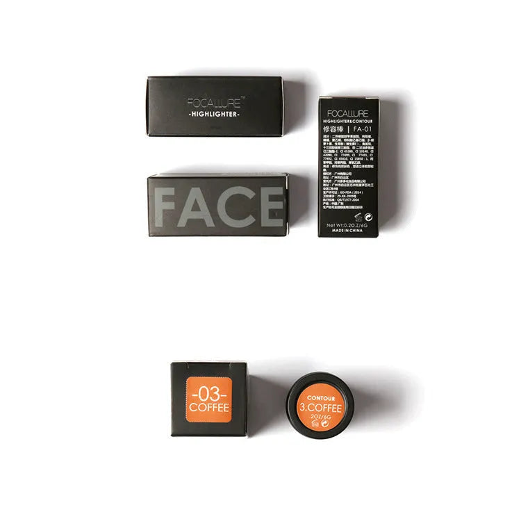 Face contour highlighter makeup stick in a choice of matte or shimmer finish, shown in shade options A, B, C, D.
