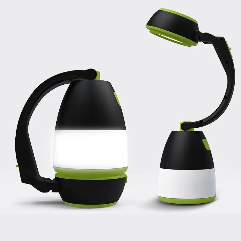 Black green multifunctional LED table lamp showing adjustable head and USB charging port
