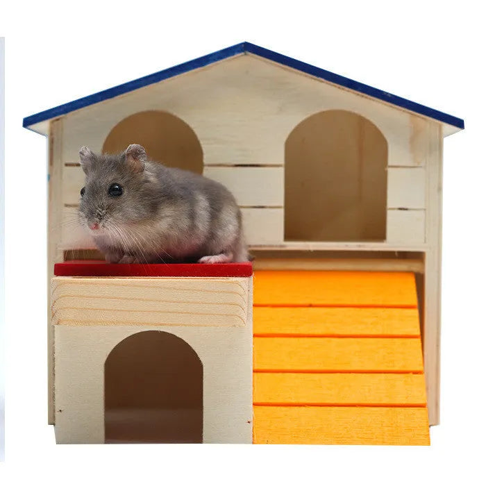Wooden hamster toy blue top villa chalet 17x17x15cm small pet molar decompression hideout