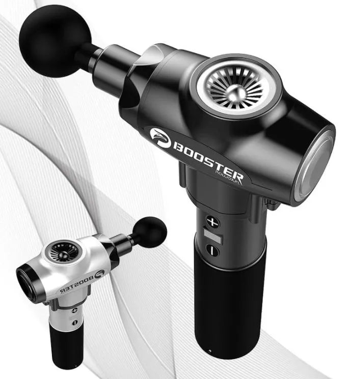 Black and white muscle massage gun with adjustable speed settings for deep tissue relief.