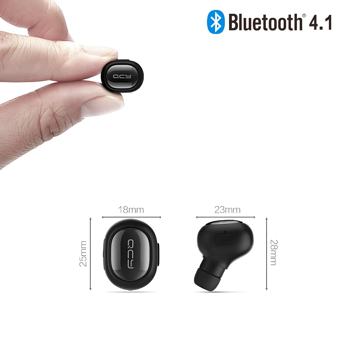 QCY Q26 black single-ear Bluetooth headset with microphone, USB cable and three earplugs