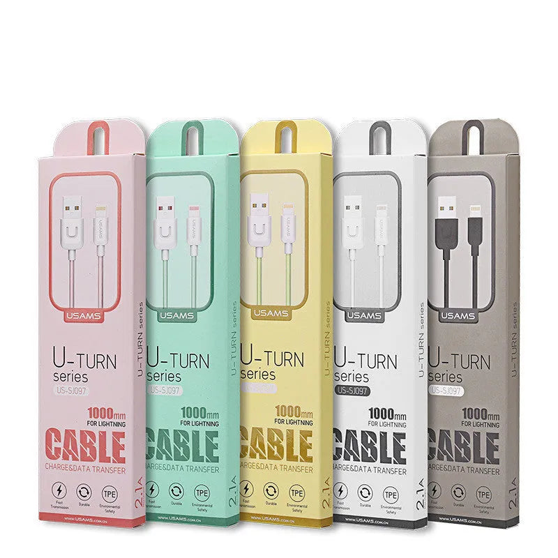 1 metre USB charging cable in selected colour with Type C, Micro USB or iPhone connector