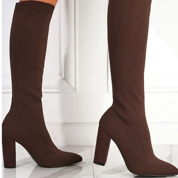 Women's pointed toe chunky heel stretch boots below knee in black, cotton lined, size 36