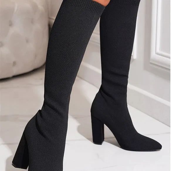 Women's pointed toe chunky heel stretch boots below knee in black, cotton lined, size 36