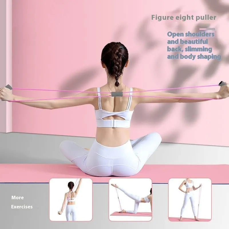 Yoga four piece set showing leg stretcher, yoga ring, pedal tension device and figure eight rope