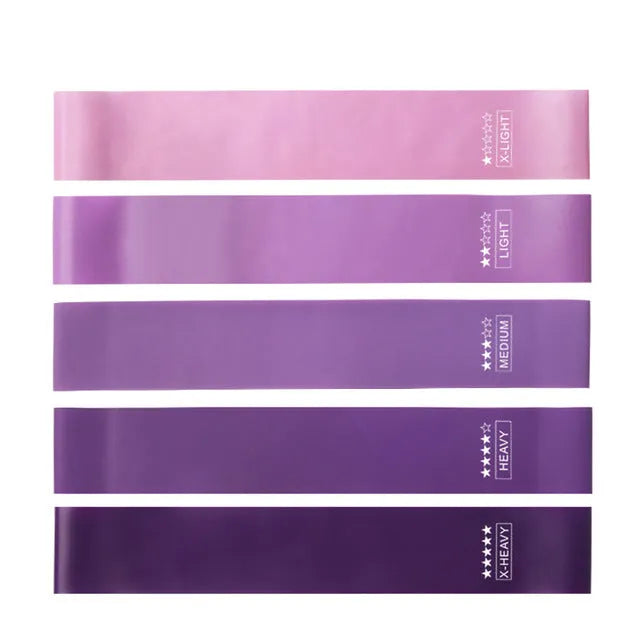 Purple five pack TPE resistance bands set of 5 with variable resistance levels from 5 to 40 lb for home fitness