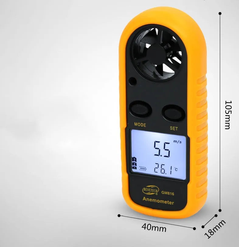 Biaozhi GM816 orange digital handheld anemometer showing wind speed display