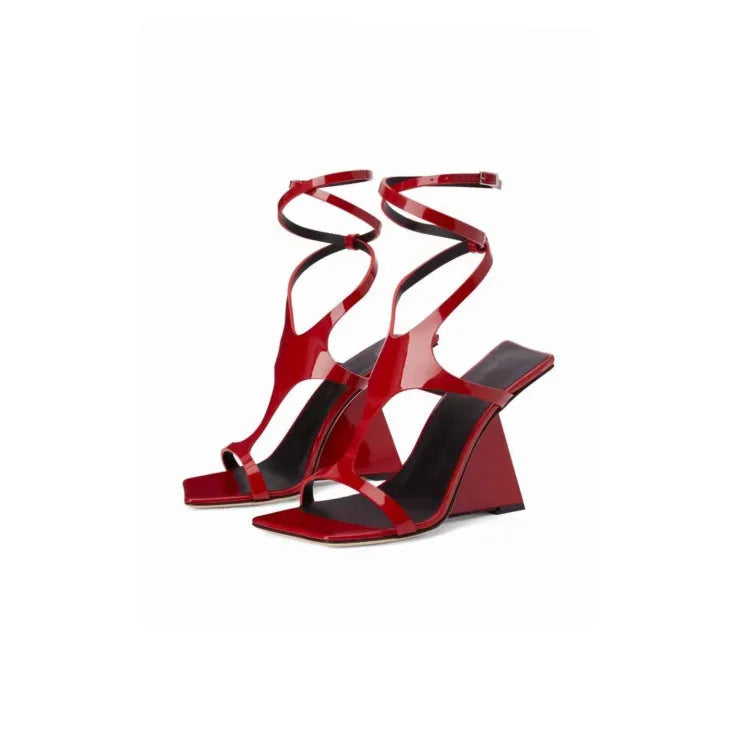 Women's black square head high heel sandals with a 9.5cm heel and button fastening