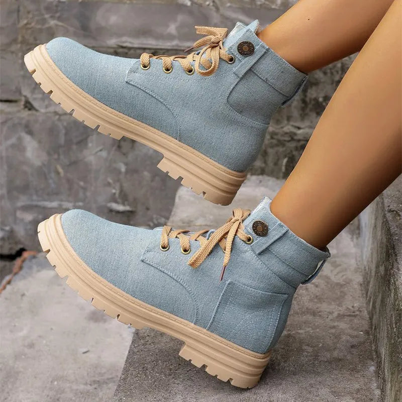 Lace-up denim ankle boots women platform cowboy boots flat heel round toe PU rubber sole autumn winter