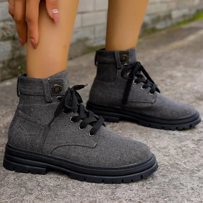 Lace-up denim ankle boots women platform cowboy boots flat heel round toe PU rubber sole autumn winter
