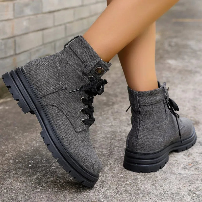 Lace-up denim ankle boots women platform cowboy boots flat heel round toe PU rubber sole autumn winter