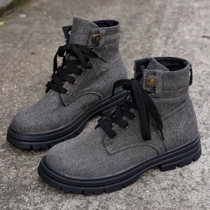 Lace-up denim ankle boots women platform cowboy boots flat heel round toe PU rubber sole autumn winter