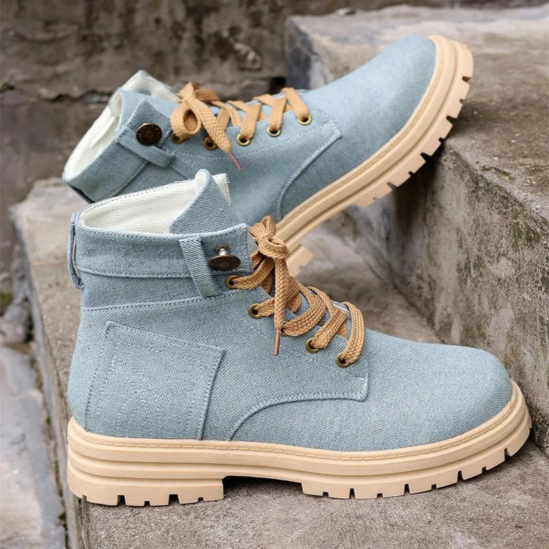 Lace-up denim ankle boots women platform cowboy boots flat heel round toe PU rubber sole autumn winter