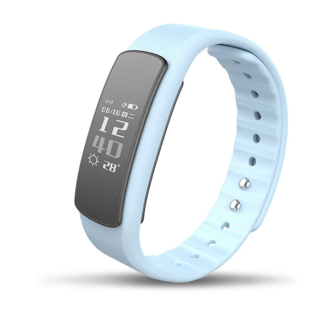 I6 smart sports bracelet with colour display and black TPU wristband on a wrist.