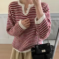 Women's red striped cashmere pullover sweater with loose fit and long sleeves