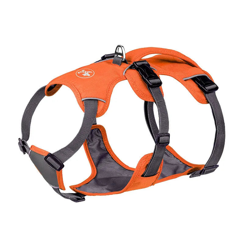 Nylon dog harness with hand holding rope lead in red, orange, blue, grey, or reflective round rope, sizes XXS to L