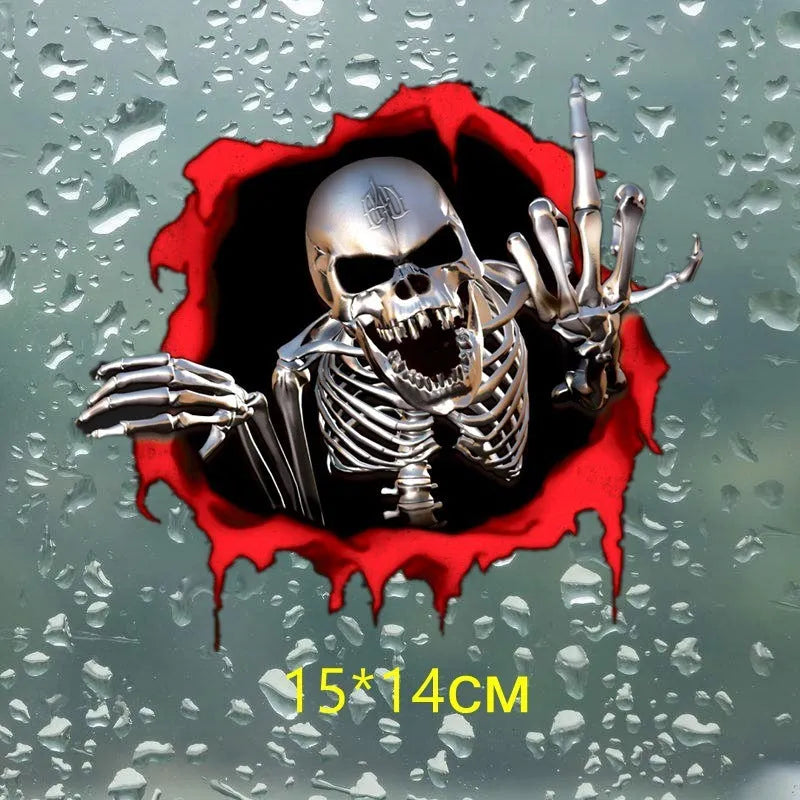 Colourful broken shell pattern reflective car sticker with metal skull design measuring 15cm by 14cm