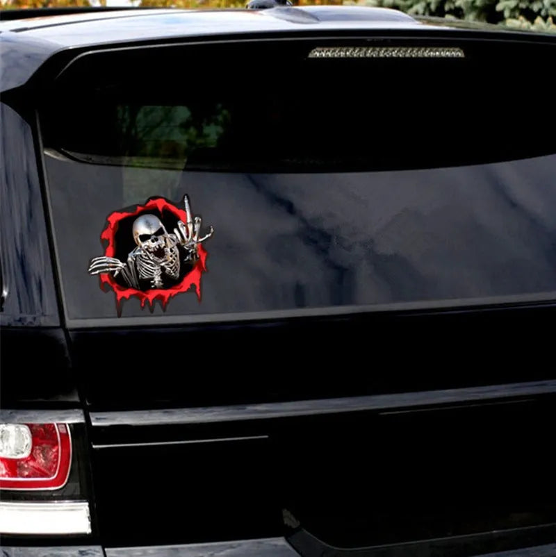 Colourful broken shell pattern reflective car sticker with metal skull design measuring 15cm by 14cm