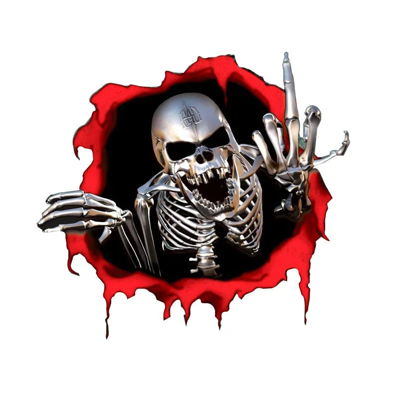 Colourful broken shell pattern reflective car sticker with metal skull design measuring 15cm by 14cm