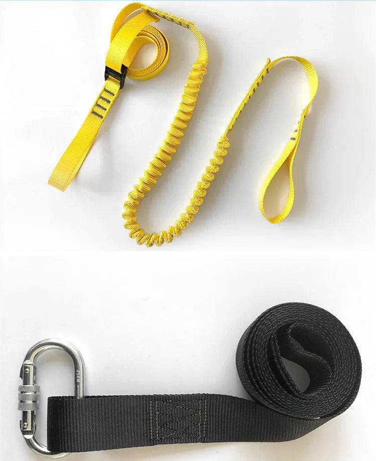Dog training belt rope toy set with black polyester belt and yellow rope toy on a neutral background