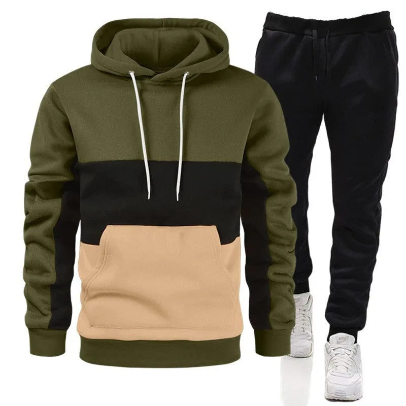 Men's colour block hoodie sportswear suit with long-sleeve top and trousers in cotton, six colours