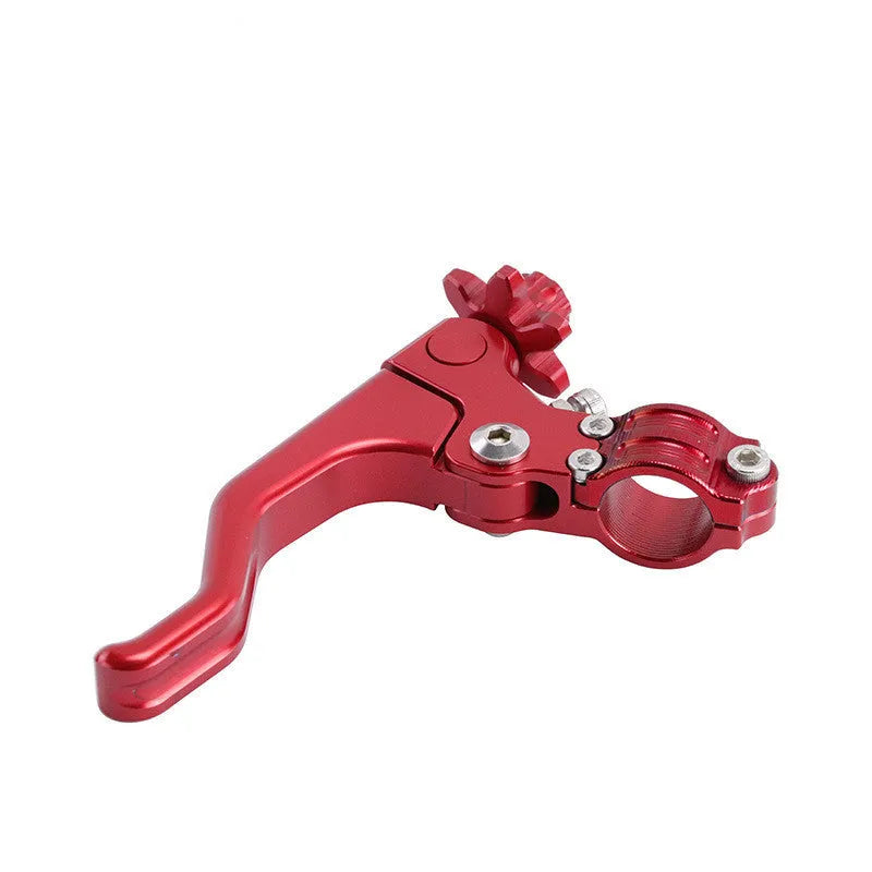 Universal aluminium alloy two-finger motorcycle clutch lever shown in one of eight colour options.