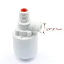 White nylon automatic float valve with threaded connection for purified water level control.