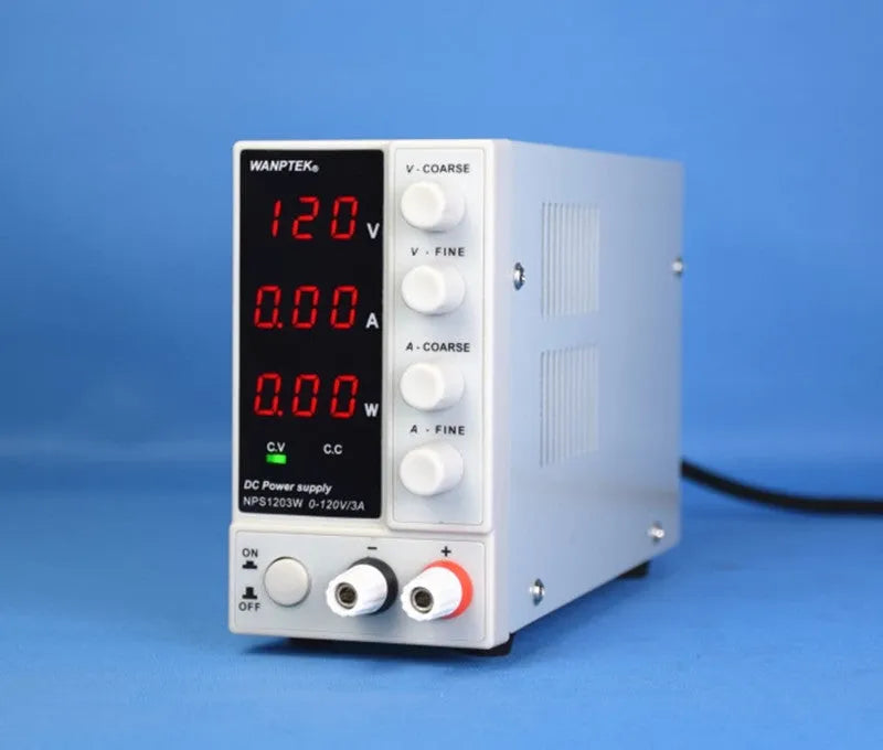 White adjustable DC power supply unit with voltage and current controls for electronics testing