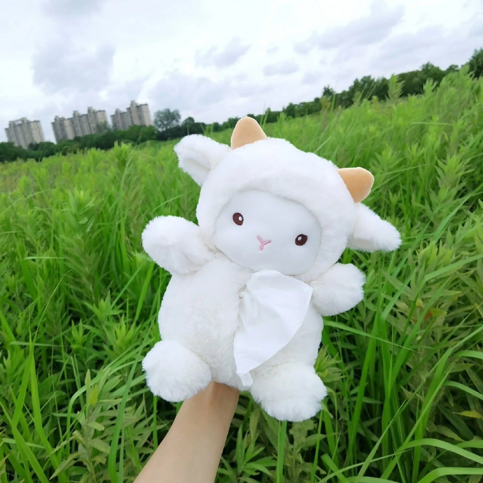 Plush car tissue box with lamb design for vehicle interior decoration and household use
