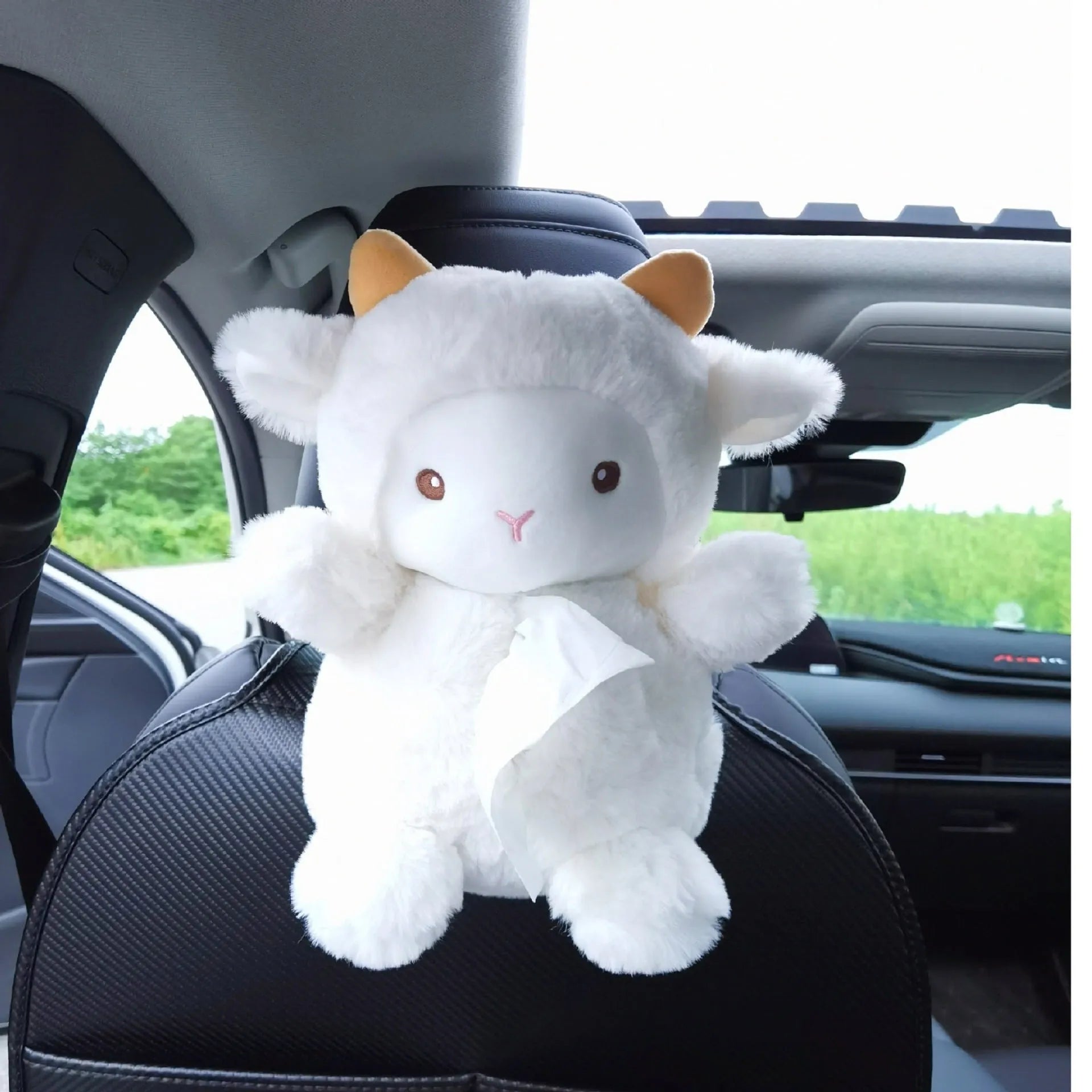Plush car tissue box with lamb design for vehicle interior decoration and household use