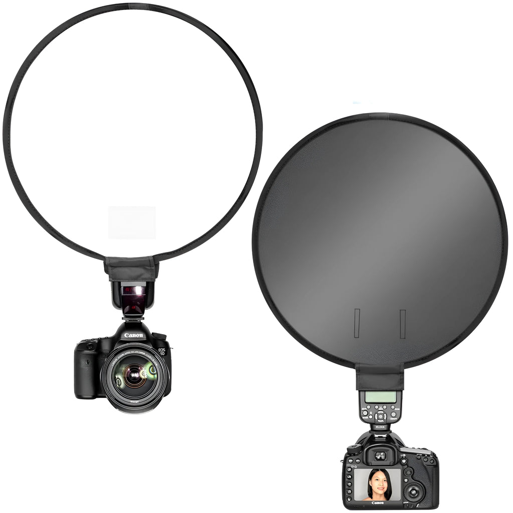 On-camera flash ring soft diffuser in 30cm or 40cm size with reflective material and alloy strip construction