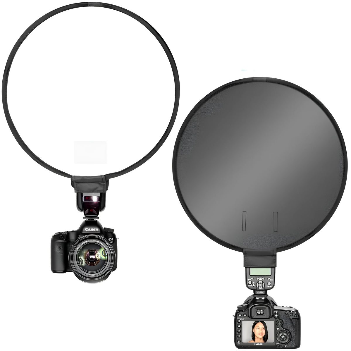 On-camera flash ring soft diffuser in 30cm or 40cm size with reflective material and alloy strip construction