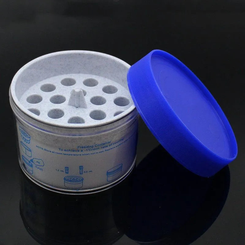 Laboratory process cooling box with orange metal block and blue plastic cover for gradient freezing procedures