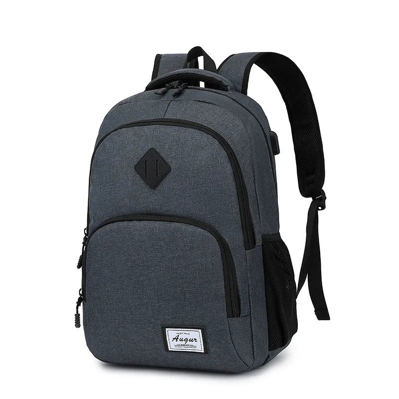 Gray lightweight backpack with USB charging port and trolley sleeve in nylon fabric