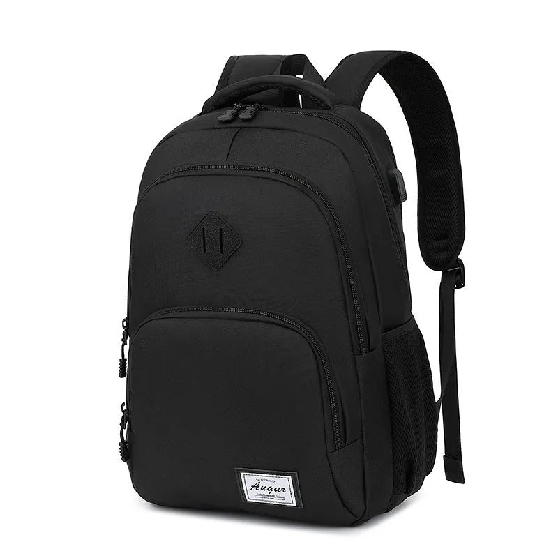 Gray lightweight backpack with USB charging port and trolley sleeve in nylon fabric
